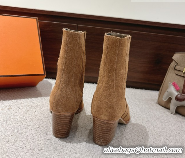 Stylish Hermes Vegas Heel Ankle Boots 6.5cm in Embroidered Suede H252196 Light Brown 2026