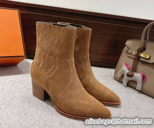 Stylish Hermes Vegas Heel Ankle Boots 6.5cm in Embroidered Suede H252196 Light Brown 2026