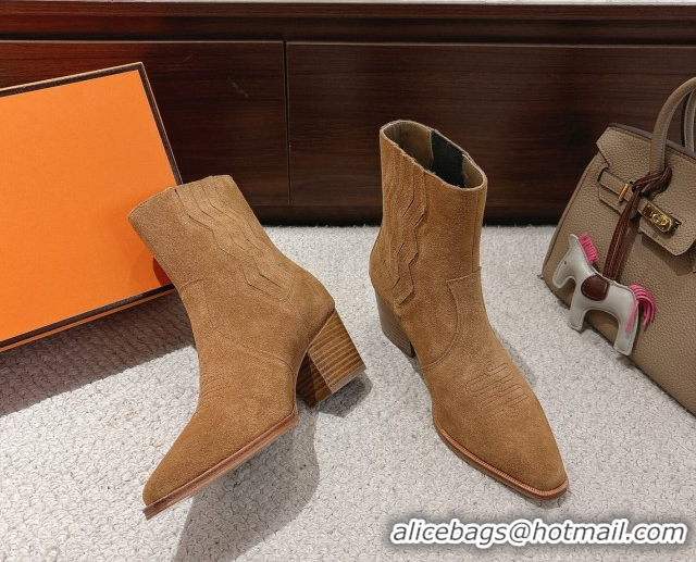 Stylish Hermes Vegas Heel Ankle Boots 6.5cm in Embroidered Suede H252196 Light Brown 2026