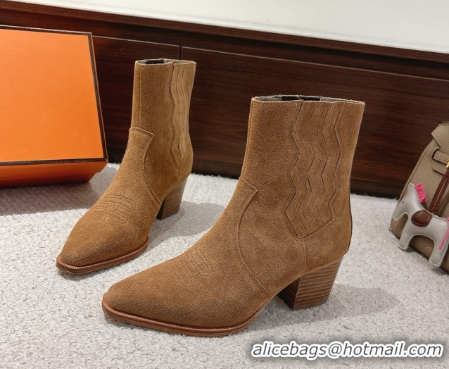 Stylish Hermes Vegas Heel Ankle Boots 6.5cm in Embroidered Suede H252196 Light Brown 2026