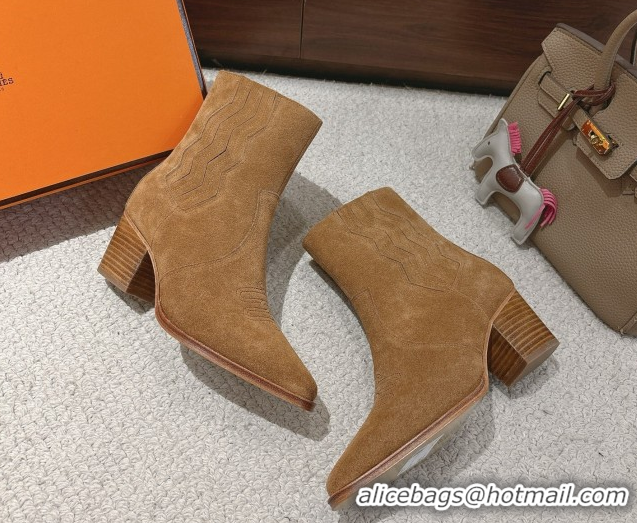 Stylish Hermes Vegas Heel Ankle Boots 6.5cm in Embroidered Suede H252196 Light Brown 2026