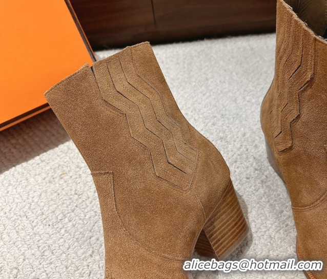 Stylish Hermes Vegas Heel Ankle Boots 6.5cm in Embroidered Suede H252196 Light Brown 2026