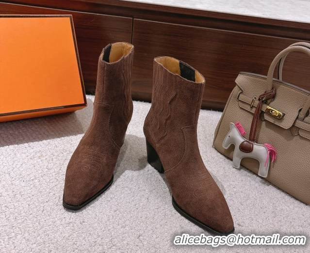 Hot Style Hermes Vegas Heel Ankle Boots 6.5cm in Embroidered Suede H252196 Dark Brown 2026