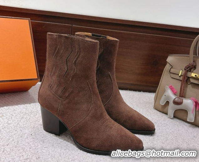 Hot Style Hermes Vegas Heel Ankle Boots 6.5cm in Embroidered Suede H252196 Dark Brown 2026