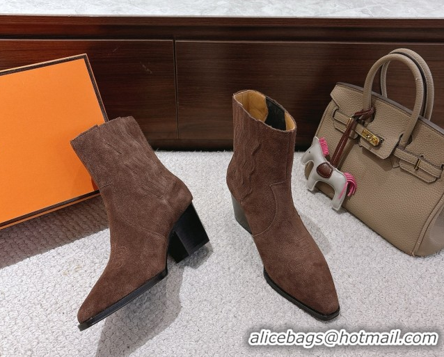 Hot Style Hermes Vegas Heel Ankle Boots 6.5cm in Embroidered Suede H252196 Dark Brown 2026