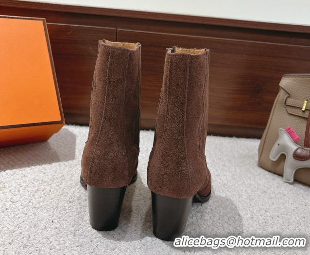 Hot Style Hermes Vegas Heel Ankle Boots 6.5cm in Embroidered Suede H252196 Dark Brown 2026