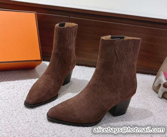 Hot Style Hermes Vegas Heel Ankle Boots 6.5cm in Embroidered Suede H252196 Dark Brown 2026