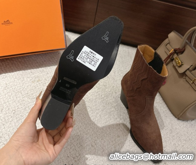Hot Style Hermes Vegas Heel Ankle Boots 6.5cm in Embroidered Suede H252196 Dark Brown 2026