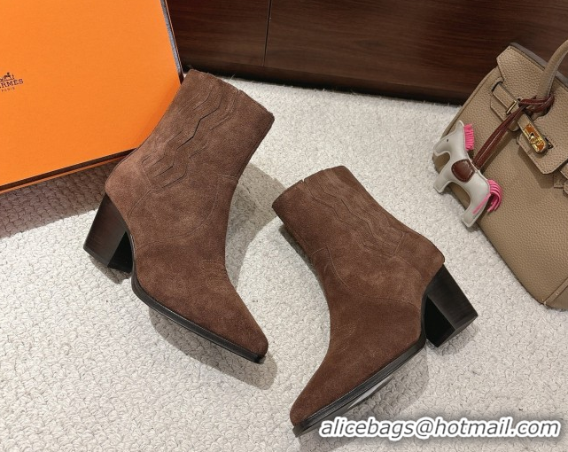 Hot Style Hermes Vegas Heel Ankle Boots 6.5cm in Embroidered Suede H252196 Dark Brown 2026