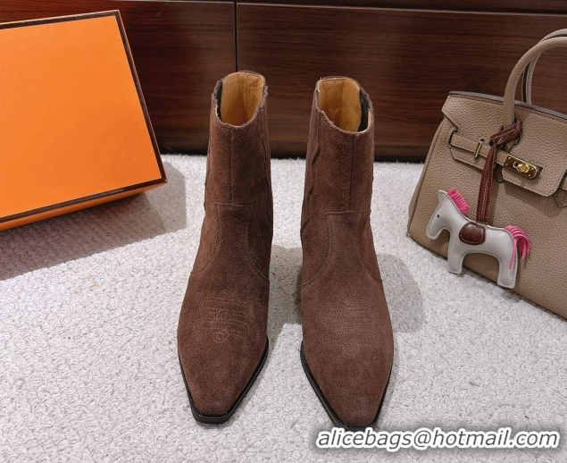 Hot Style Hermes Vegas Heel Ankle Boots 6.5cm in Embroidered Suede H252196 Dark Brown 2026