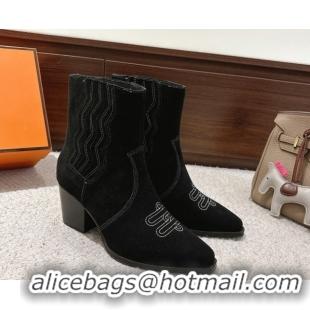 Best Product Hermes Vegas Heel Ankle Boots 6.5cm in Embroidered Suede H252196 Black 2026
