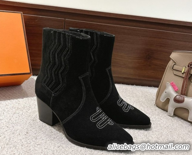 Best Product Hermes Vegas Heel Ankle Boots 6.5cm in Embroidered Suede H252196 Black 2026