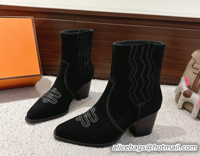 Best Product Hermes Vegas Heel Ankle Boots 6.5cm in Embroidered Suede H252196 Black 2026