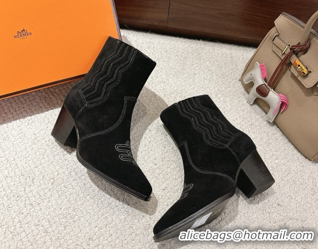 Best Product Hermes Vegas Heel Ankle Boots 6.5cm in Embroidered Suede H252196 Black 2026