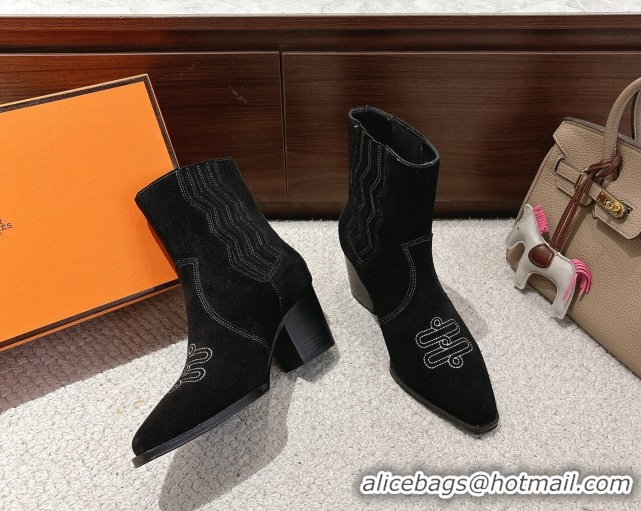 Best Product Hermes Vegas Heel Ankle Boots 6.5cm in Embroidered Suede H252196 Black 2026