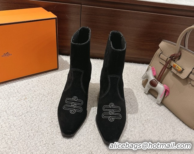 Best Product Hermes Vegas Heel Ankle Boots 6.5cm in Embroidered Suede H252196 Black 2026