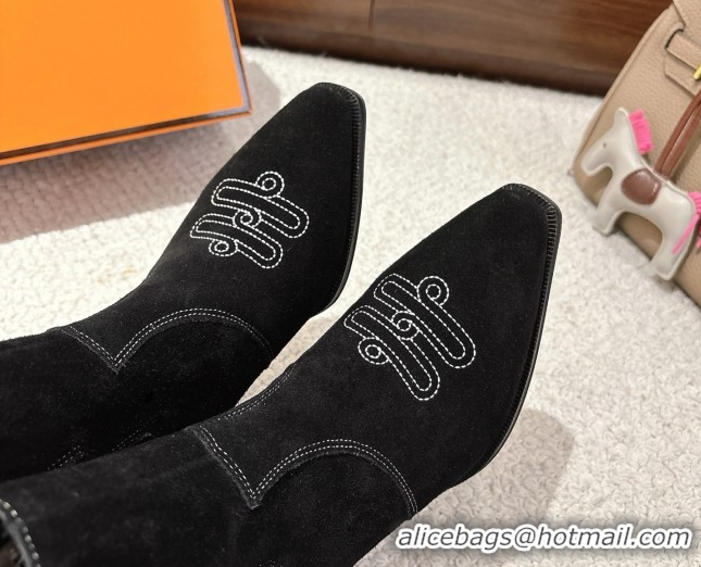 Best Product Hermes Vegas Heel Ankle Boots 6.5cm in Embroidered Suede H252196 Black 2026