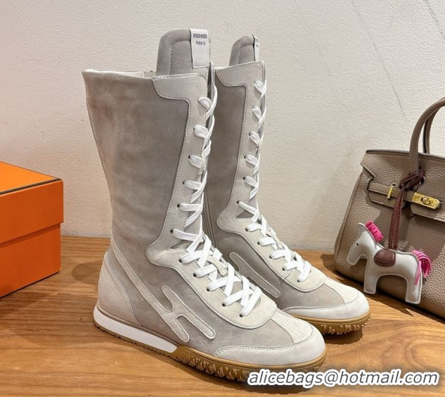 Top Grade Hermes Suede and Calfskin Leather Sneaker Boots H122001 Light Grey 2026