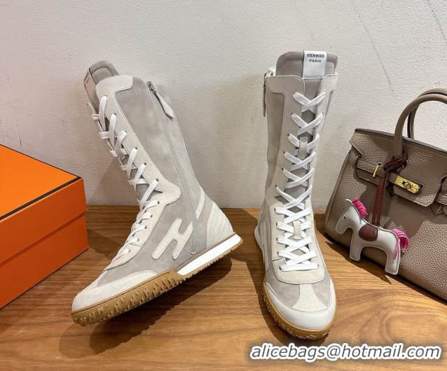 Top Grade Hermes Suede and Calfskin Leather Sneaker Boots H122001 Light Grey 2026