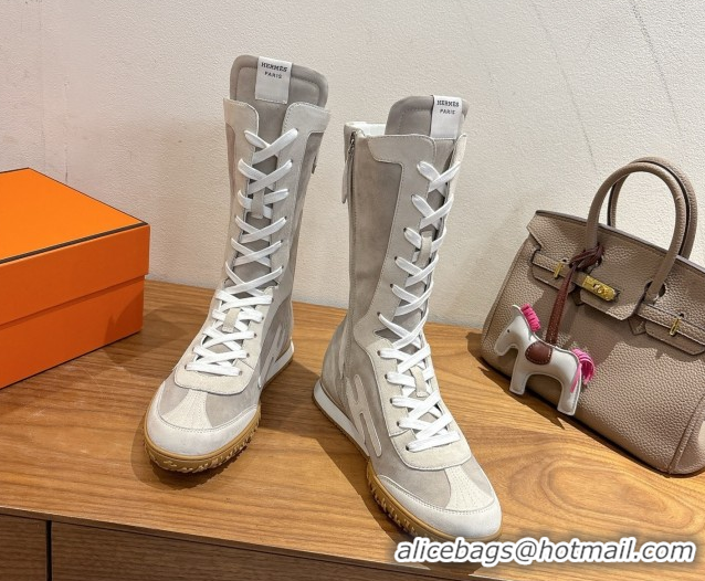 Top Grade Hermes Suede and Calfskin Leather Sneaker Boots H122001 Light Grey 2026