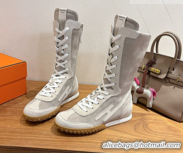 Top Grade Hermes Suede and Calfskin Leather Sneaker Boots H122001 Light Grey 2026
