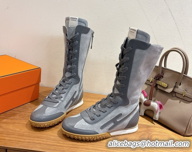 Sumptuous Hermes Suede and Calfskin Leather Sneaker Boots H122001 Dark Grey 2026