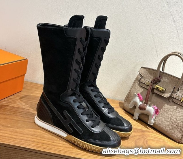 Good Quality Hermes Suede and Calfskin Leather Sneaker Boots H122001 Black 2026