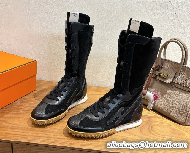 Good Quality Hermes Suede and Calfskin Leather Sneaker Boots H122001 Black 2026