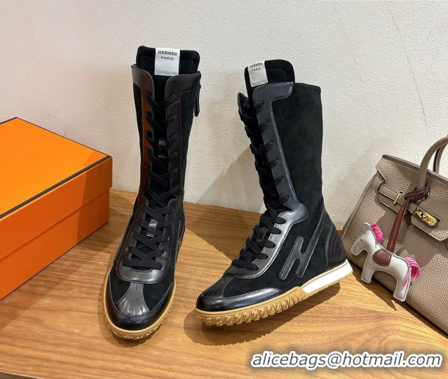 Good Quality Hermes Suede and Calfskin Leather Sneaker Boots H122001 Black 2026