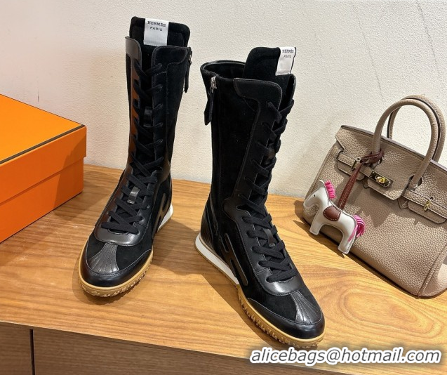 Good Quality Hermes Suede and Calfskin Leather Sneaker Boots H122001 Black 2026