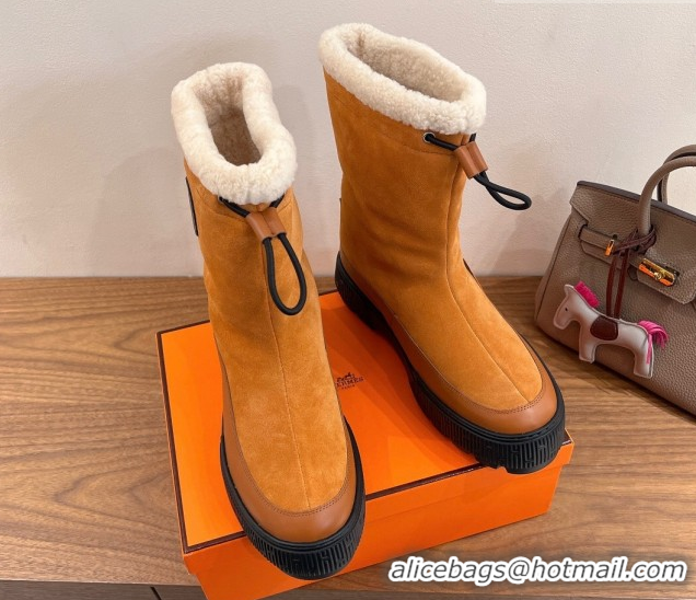 Perfect Hermes Suede and Shearling Platform Ankle Boots Brown Yellow HS122201 2026