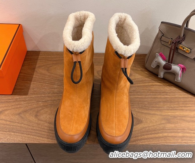 Perfect Hermes Suede and Shearling Platform Ankle Boots Brown Yellow HS122201 2026