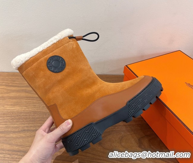 Perfect Hermes Suede and Shearling Platform Ankle Boots Brown Yellow HS122201 2026