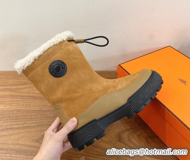 Luxurious Hermes Suede and Shearling Platform Ankle Boots  HS122201 Beige 2026