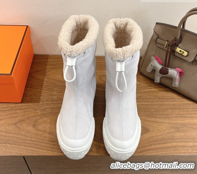Unique Discount Hermes Suede and Shearling Platform Ankle Boots  HS122201 White 2026