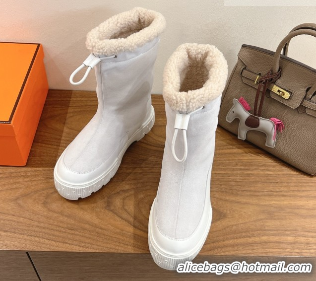 Unique Discount Hermes Suede and Shearling Platform Ankle Boots  HS122201 White 2026