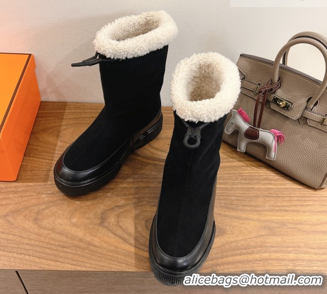 Crafted Hermes Suede and Shearling Platform Ankle Boots  HS122201 Black 2026