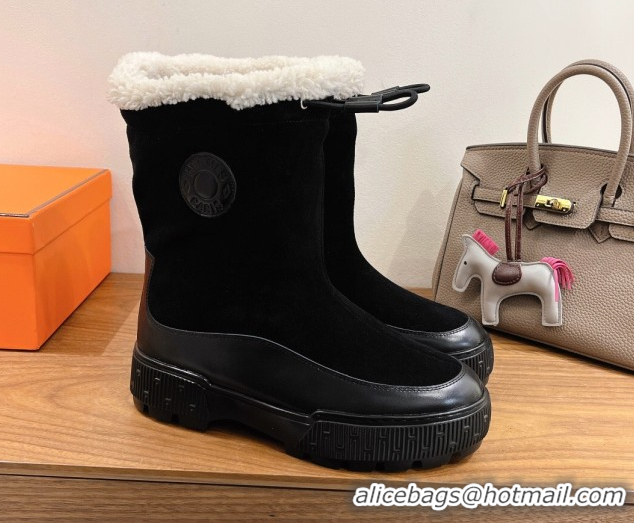 Crafted Hermes Suede and Shearling Platform Ankle Boots  HS122201 Black 2026