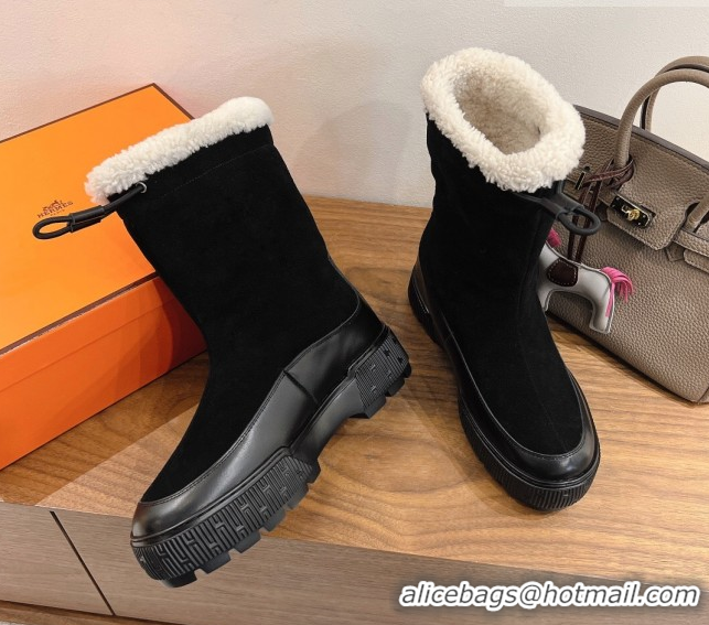 Crafted Hermes Suede and Shearling Platform Ankle Boots  HS122201 Black 2026