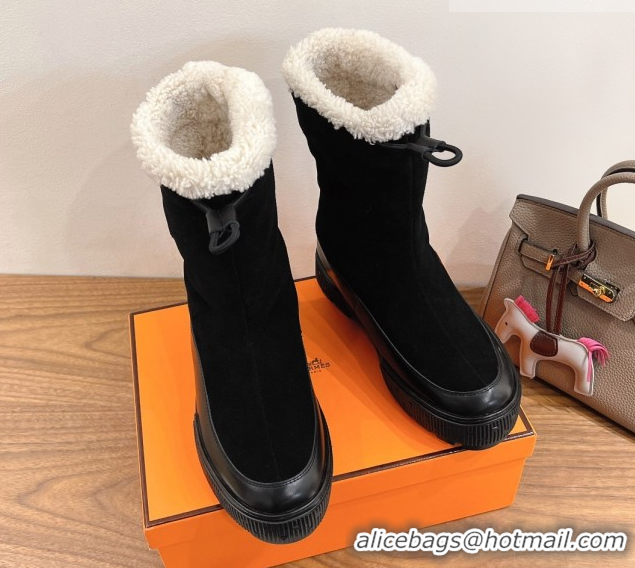 Crafted Hermes Suede and Shearling Platform Ankle Boots  HS122201 Black 2026