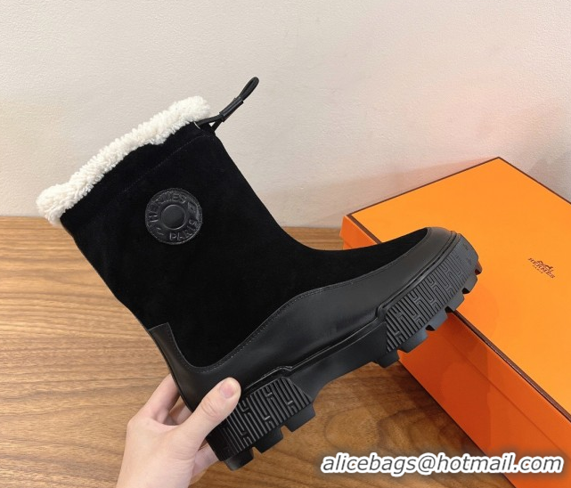 Crafted Hermes Suede and Shearling Platform Ankle Boots  HS122201 Black 2026