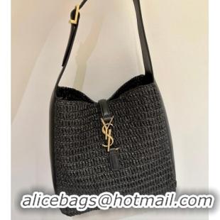 Inexpensive Saint Laurent LE 5 À 7 Supple Small Hobo Bag in Raffia Straw Like and Leather 713938 Black 2026