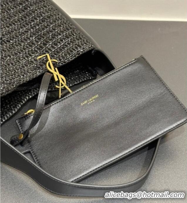 Inexpensive Saint Laurent LE 5 À 7 Supple Small Hobo Bag in Raffia Straw Like and Leather 713938 Black 2026