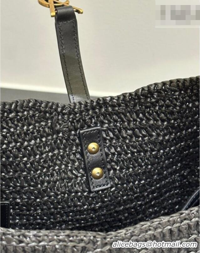 Inexpensive Saint Laurent LE 5 À 7 Supple Small Hobo Bag in Raffia Straw Like and Leather 713938 Black 2026