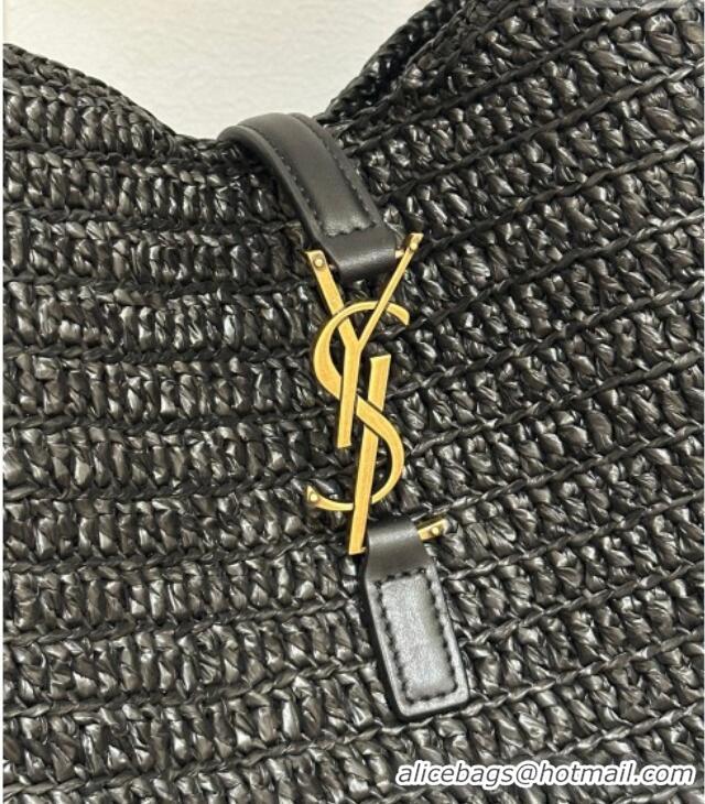 Inexpensive Saint Laurent LE 5 À 7 Supple Small Hobo Bag in Raffia Straw Like and Leather 713938 Black 2026