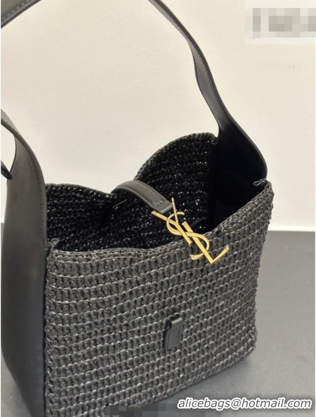 Inexpensive Saint Laurent LE 5 À 7 Supple Small Hobo Bag in Raffia Straw Like and Leather 713938 Black 2026