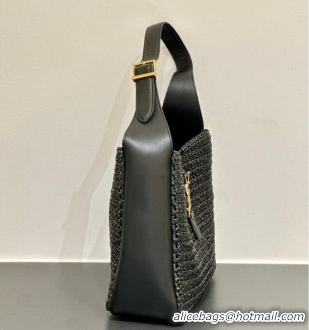 Inexpensive Saint Laurent LE 5 À 7 Supple Small Hobo Bag in Raffia Straw Like and Leather 713938 Black 2026