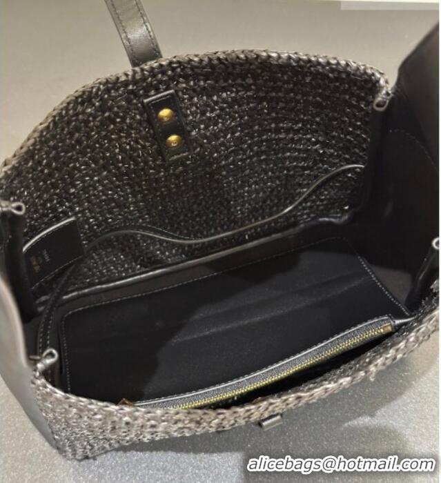 Inexpensive Saint Laurent LE 5 À 7 Supple Small Hobo Bag in Raffia Straw Like and Leather 713938 Black 2026