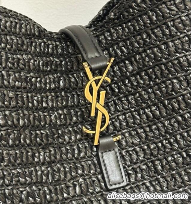 Inexpensive Saint Laurent LE 5 À 7 Supple Small Hobo Bag in Raffia Straw Like and Leather 713938 Black 2026