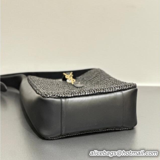 Inexpensive Saint Laurent LE 5 À 7 Supple Small Hobo Bag in Raffia Straw Like and Leather 713938 Black 2026